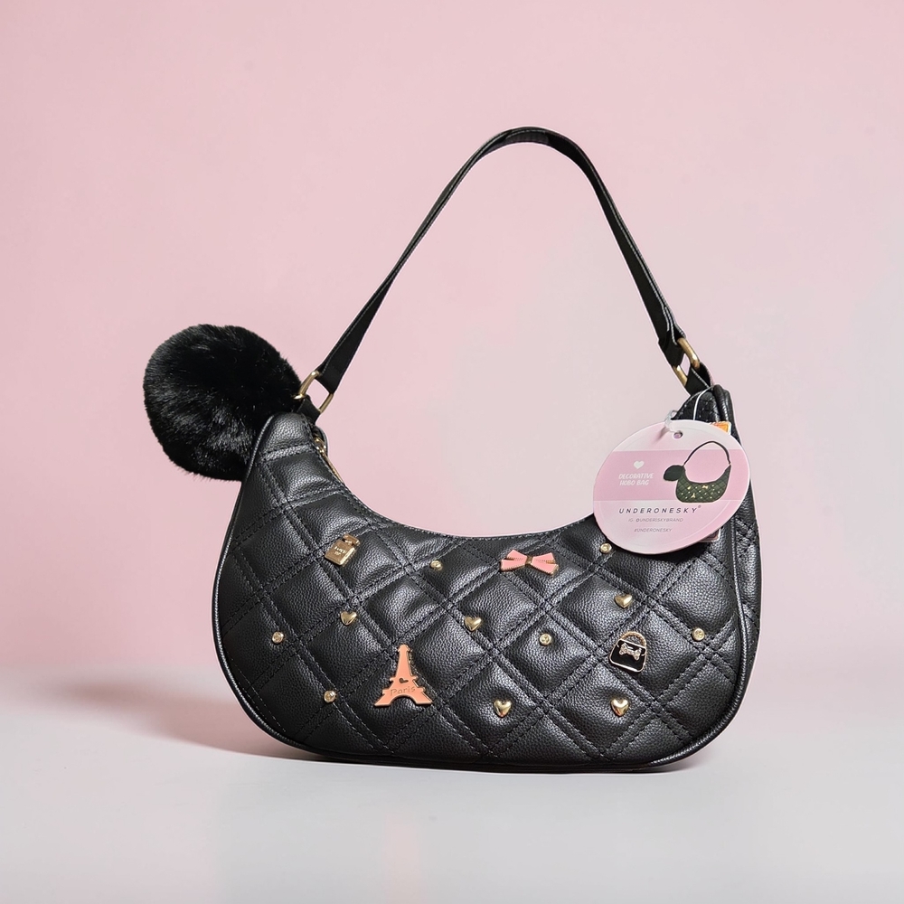 Under One Sky Quilted Black Shoulder Bag with Charm Accents